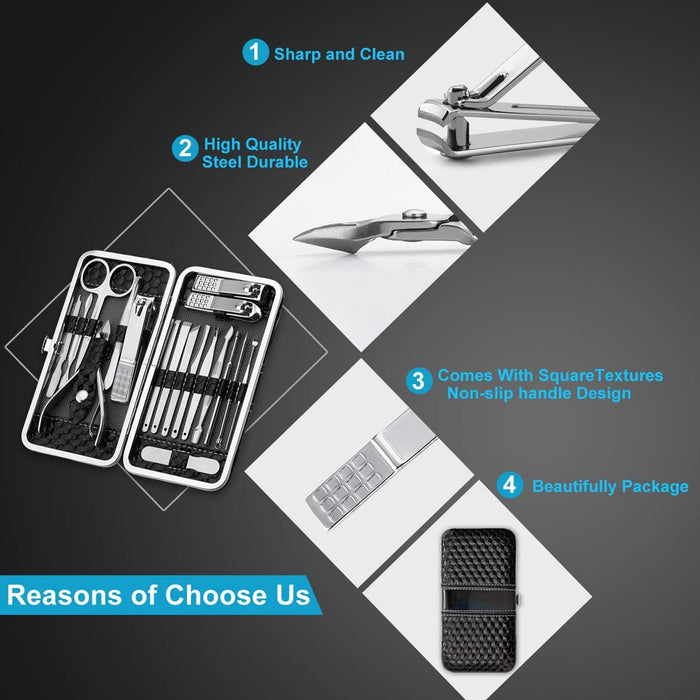 Manicure Set 18Pcs Stainless Steel Nail Clippers Set with Case Black