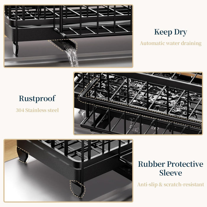 Sponge Holder for Kitchen Sink - Auto Draining Sink Caddy Organizer with Detachable Rack, High Brush Holder, Kitchen Cou