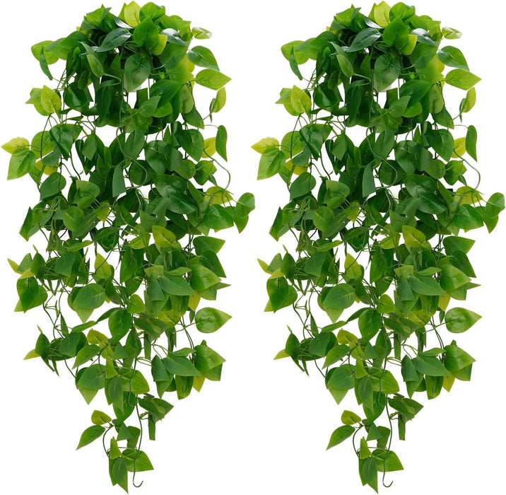 Fake Hanging Plants, 2pcs Artificial Pothos Vines Faux Plants Greenery for Wall Home Living Room Office Indoor Outdoor D