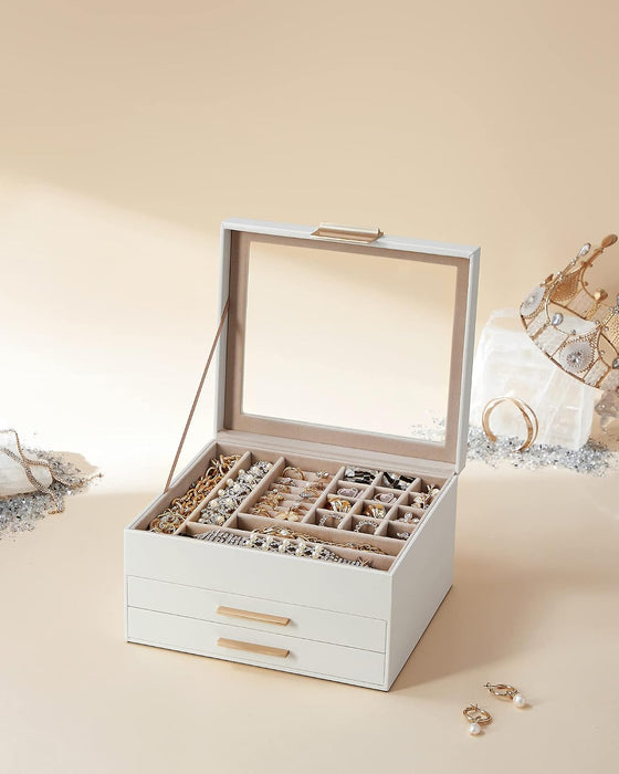 Jewelry Box Organizer, 3-Layer Storage with 2 Drawers, Glass Lid