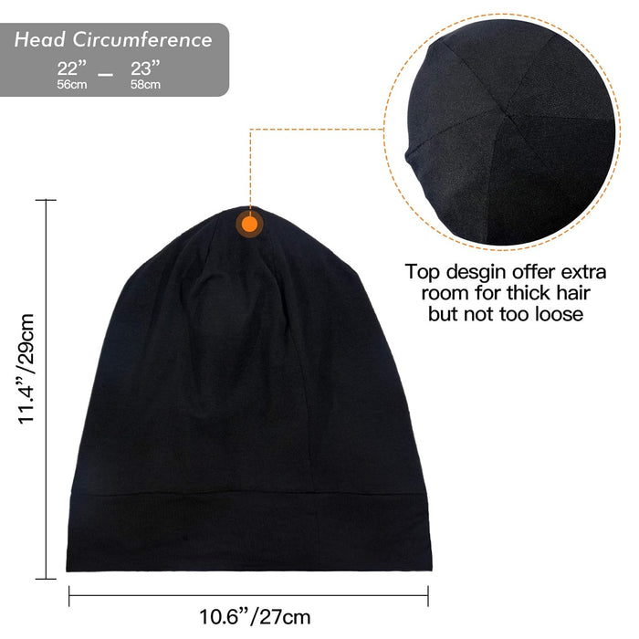 Silk Satin Lined Bonnet Sleep Cap - Adjustable Stay on All Night Hair Wrap Cover Slouchy Beanie for Curly Protection Women and Men Solid Black