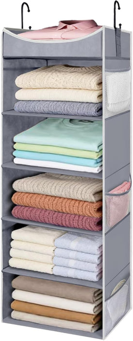 5-Shelf Hanging Closet Organizer and Storage with Side Pockets, Collapsible Closet Hanging Shelves for Storage, Grey