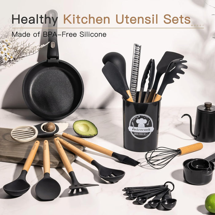 39 PCS Kitchen Utensils Set, Silicone Cooking Utensil Sets with Wooden Handle, 446°F Heat Resistant Food Grade Spatula Set, BPA Free Kitchen Gadgets Tools Set & Spoons for Nonstick Cookware
