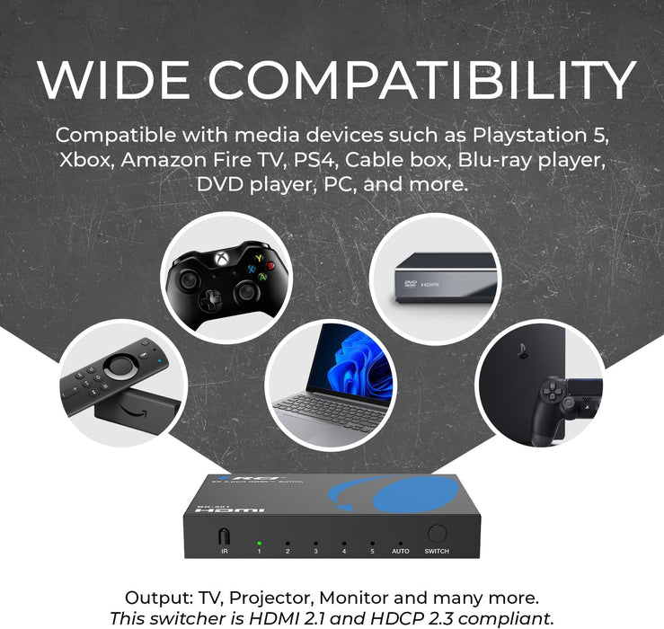 8K@60Hz 4K@120Hz HDMI 2.1 Switch 5 in 1 Out 48Gbps, HDR10+ W/Remote