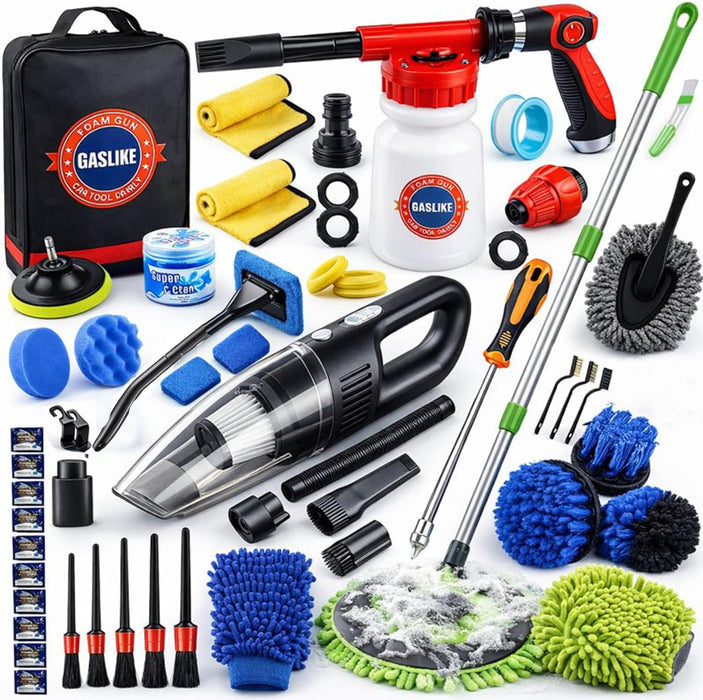 63PCS Car Wash Cleaning Kit,Car Wash Brush with Long Handle,Car Detailing Kit with Foam Gun,Car Cleaning Supplies,Handheld Vacuum, Car Detailing Kit (63PCS)