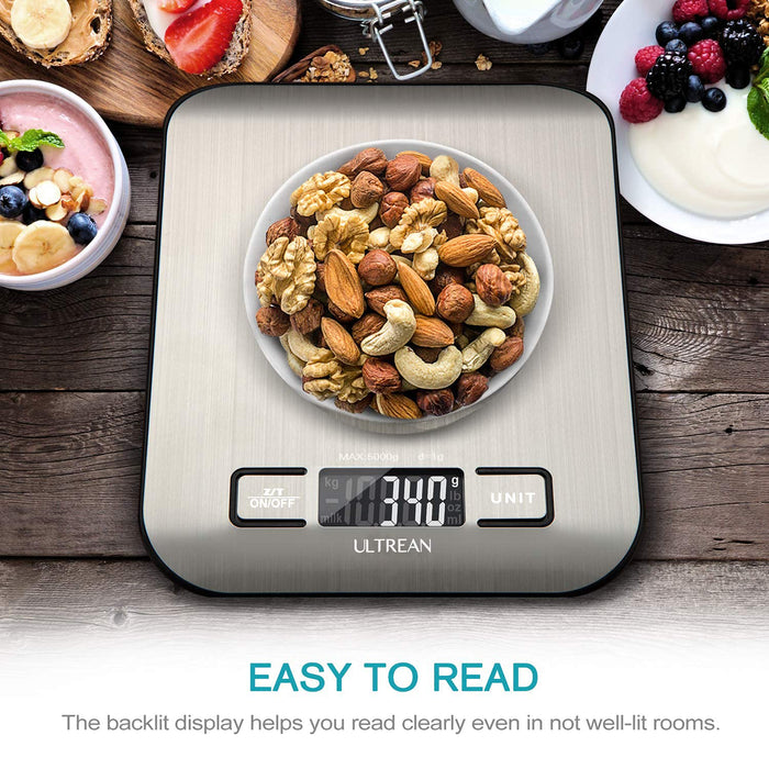 Food Scale, Digital Kitchen Scale with LCD Display, Weight Grams and Ounces for Baking Cooking and Meal Prep, 6 Units with Tare Function, 304 Stainless Steel, 11lb (Batteries Included)