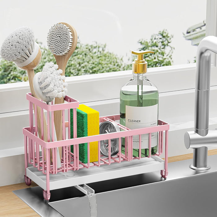 Sponge Holder for Kitchen Sink, Sink Caddy with High Brush Holder, Kitchen Sink Organizer Countertop Rustproof 304 Stainless Steel , Soap Dispenser Kitchen Organizers and Storage Essentials