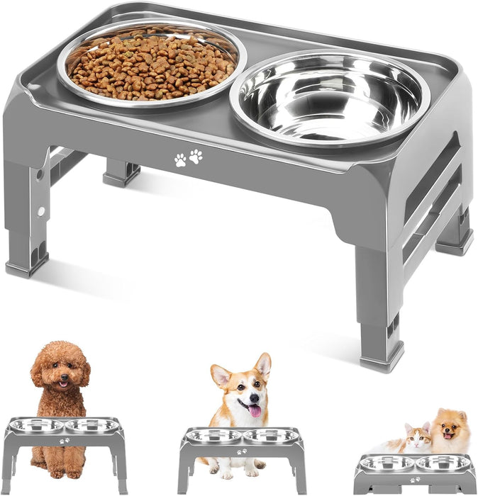 Elevated Dog Bowls for Small Medium Dogs, 3 Height Adjustable Raised Stand with 2 Thick 6" Stainless Steel Food Bowls, Non-Slip Feeder Adjusts to 2.75", 6", 7.5", Grey