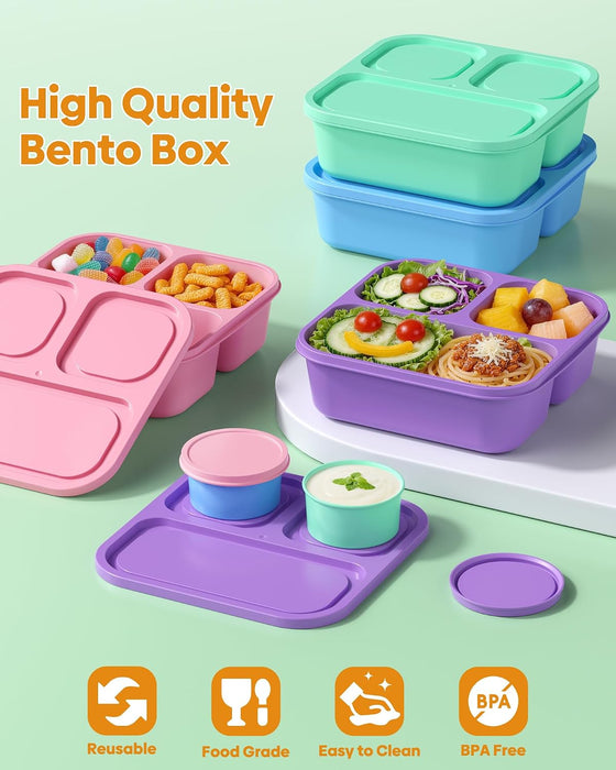 4 Pcs Bento Box Set, Reusable 3 Compartments Snack Boxes with 2 Leakproof Small Containers, Stackable Meal Prep Lunch Co
