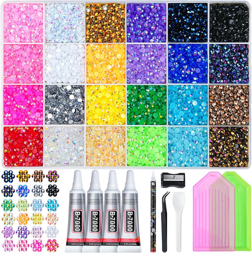 35000 Pcs Resin Jelly Rhinestones Kit, Multicolor 3mm Flatback Rhinestones with 4 Pcs B7000 Jewelry Glue & Tools, All-in