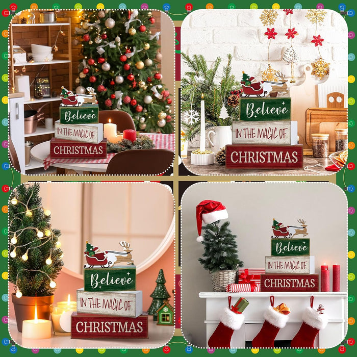 4 Pcs Christmas Table Decorations Wooden Stacked Block Santa