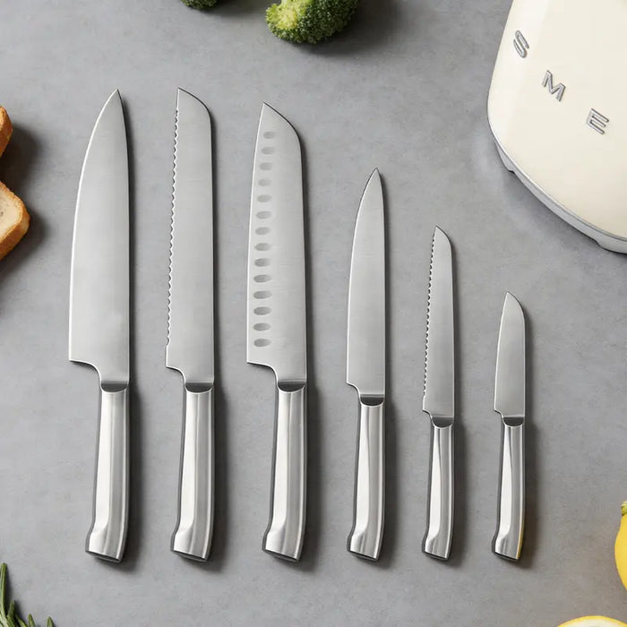 7-Piece Stainless Steel Knives Kitchen Set with Block - Retro 50S Aesthetic Countertop Set, 67-Layer Construction, Olive Design, Includes Chef, Bread, Santoku Knives, Multifunctional, Safe for Home Kitchen Use