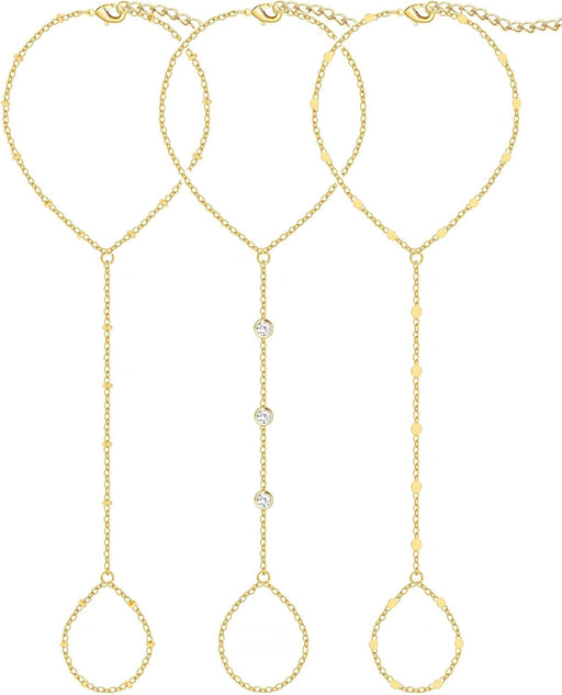 3PCS 14K Gold-Plated Hand Chain Bracelets for Women, Stack Bracelets Set Adjustable, Trendy Dainty Ring Bracelet Hand Chain