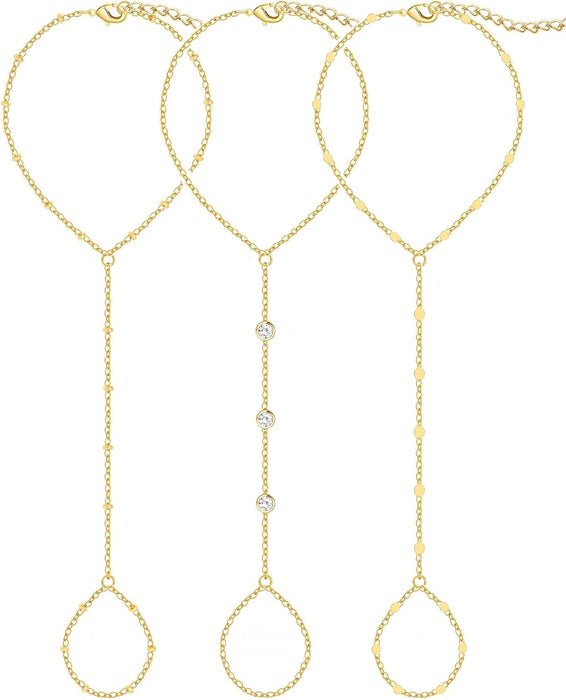 3PCS 14K Gold-Plated Hand Chain Bracelets for Women, Stack Bracelets Set Adjustable, Trendy Dainty Ring Bracelet Hand Chain