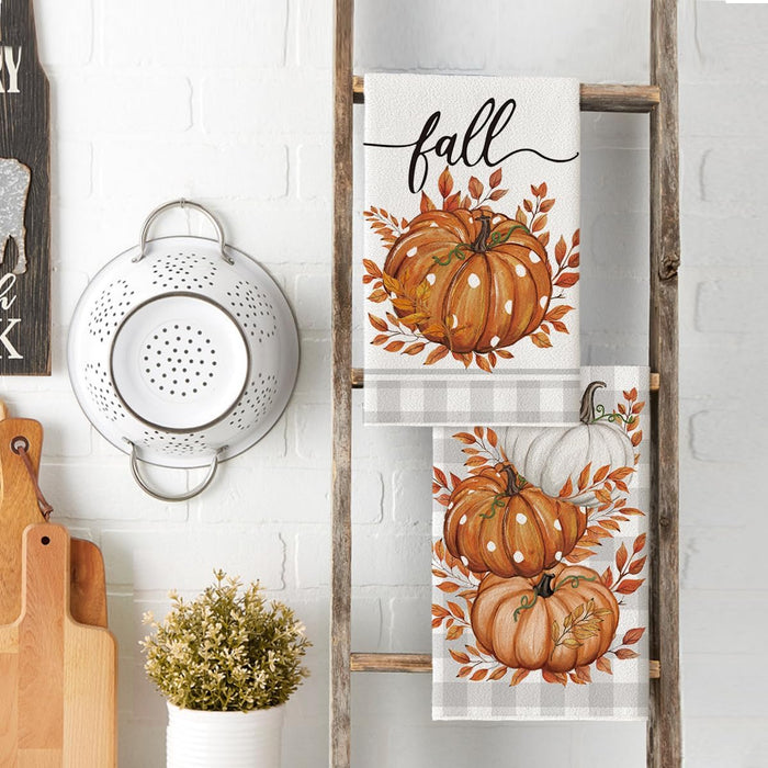 Orange Pumpkin Leaves Fall Kitchen Towels Set of 2 18x26 Inch