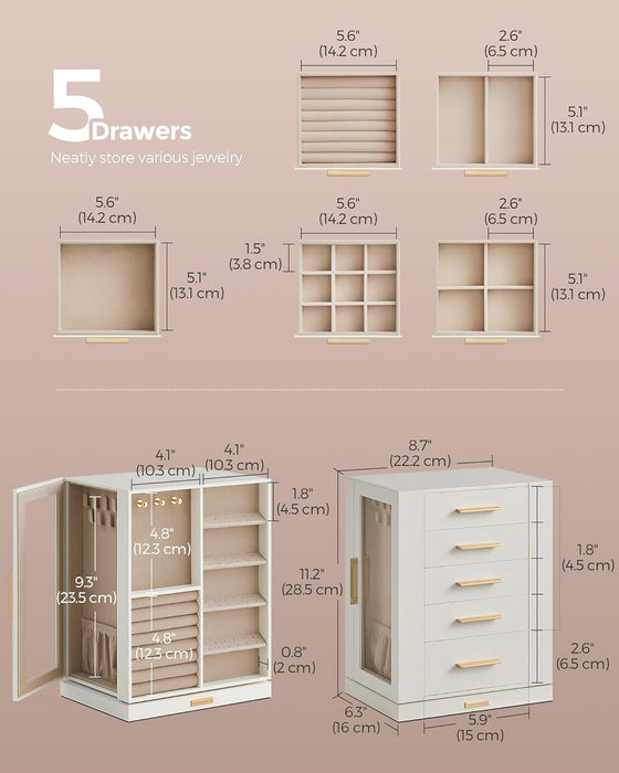 Jewelry Box Organizer, 360° Rotating, 5 Drawers, Cloud White