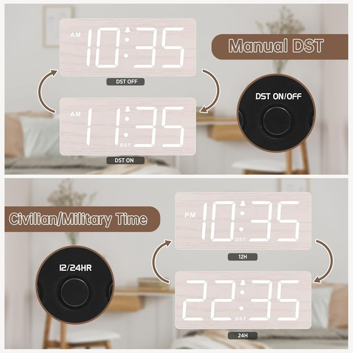 Wooden Digital Alarm Clock for Bedroom with Large Numbers