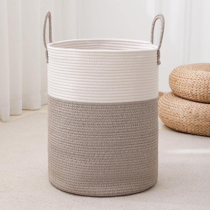 Laundry Basket Hamper Tall Rope Storage Woven for Blanket Toys Dirty Clothes in Living Room Bathroom Bedroom White & Bro