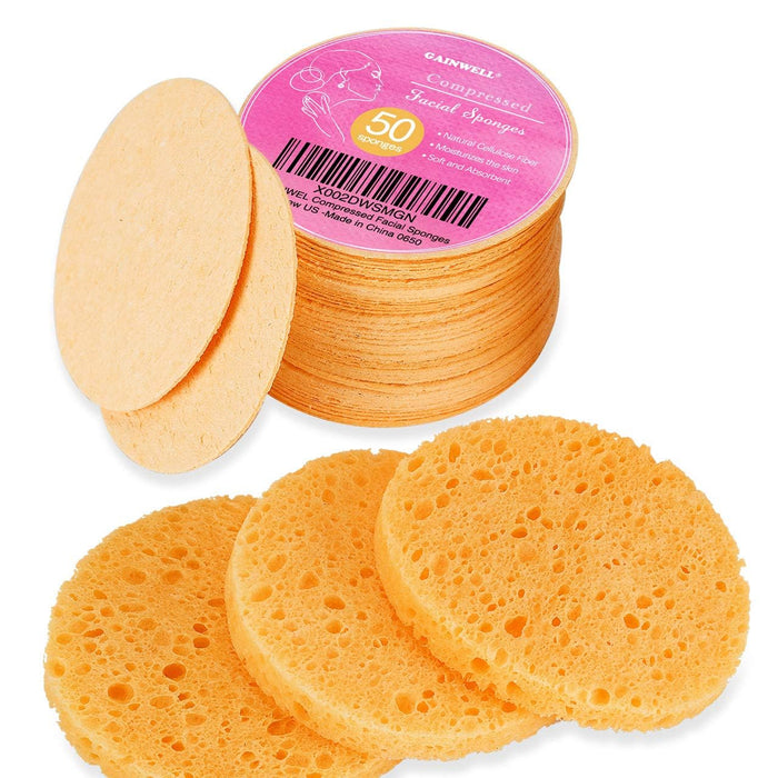 50-Count Compressed Face Sponges, 100% Natural Wooden Cellulose Cosmetic Spa Sponge for Facial Cleansing, Exfoliating Mask, Makeup Removal