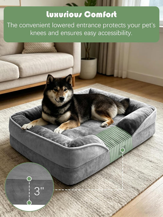 Orthopedic Dog Bed with Sides - Dog Sofa Beds for Medium Dogs, Supportive Foam Pet Couch Bed with Washable Removable Cover, Waterproof Lining and Non-Slip Bottom, Grey - M