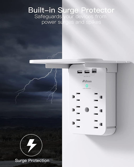 Wall Outlet Extender with Surge Protector, 6 AC Outlets, with Shelf
