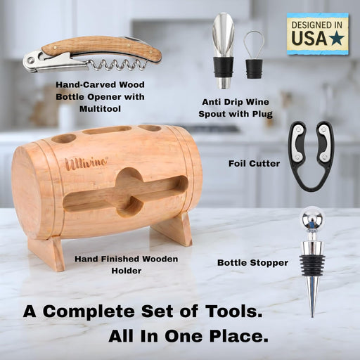 4-in-1 Cask Shaped Wine Essentials Gift Set with Wood Bottle Opener, Wine Pourer, Foil Cutter, and Wine Stopper with Han