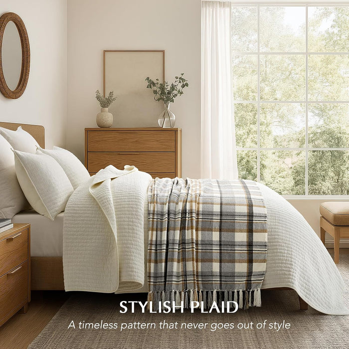 Plaid Chenille Knit Throw Blanket, 50"x60", Grey & Beige