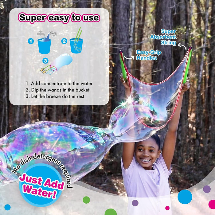 Giant Bubble Wands Kit: (4-Piece Set) | Incl. Wand, Big Bubble Concentrate and Tips & Trick Booklet | Outdoor Toy for Kids, Boys, Girls | Bubbles Made in The USA