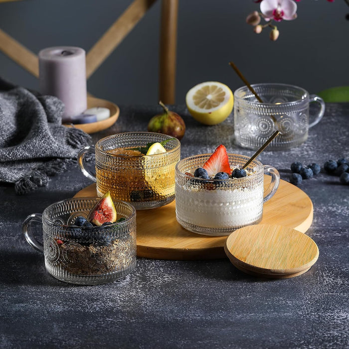 4pcs Set Vintage Coffee Mugs gifts for women, Overnight Oats Containers with Bamboo Lids and Spoons - 14oz Clear Embosse