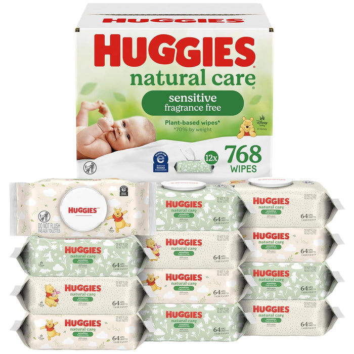 Natural Care Sensitive Baby Wipes, Unscented, Hypoallergenic, 99% Purified Water, 12 Flip-Top Packs (768 Wipes Total), Packaging May Vary