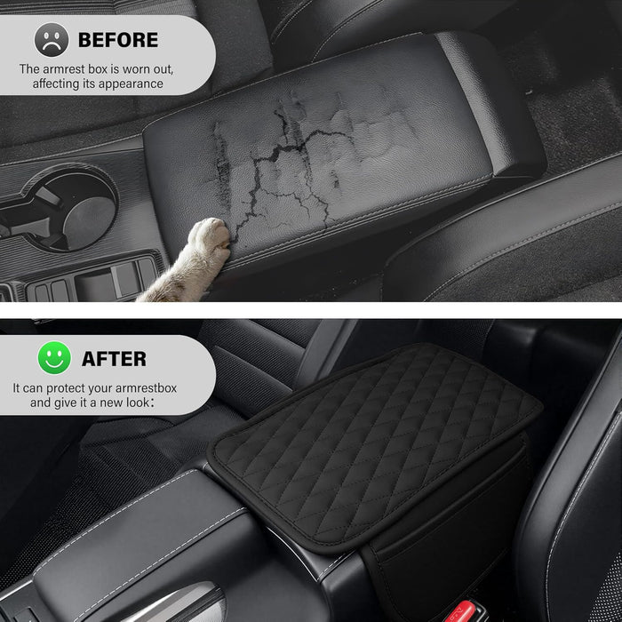 Car Center Console Cover, Upgraded Leather Car Armrest Cushion with 2 Storage Pockets, Universal Waterproof Cushion Pad,