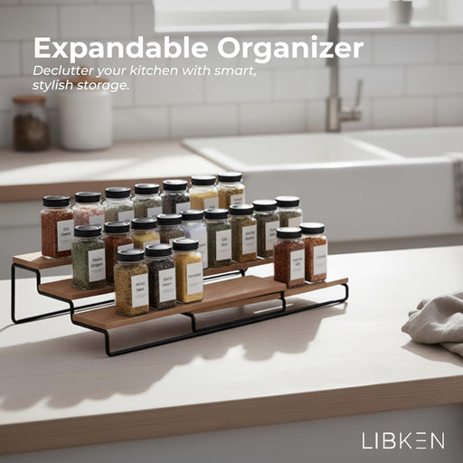Tiered Spice Rack Organizer – Wood & Metal Countertop & Cabinet Spice Stand, Strong & Sturdy 3-Tier Shelf for Kitchen, Pantry, Seasoning Bottles – Minimal Scandinavian Design - Wood Brown