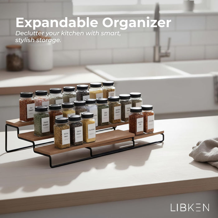 Tiered Spice Rack Organizer – Wood & Metal Countertop & Cabinet Spice Stand, Strong & Sturdy 3-Tier Shelf for Kitchen, Pantry, Seasoning Bottles – Minimal Scandinavian Design - Wood Brown