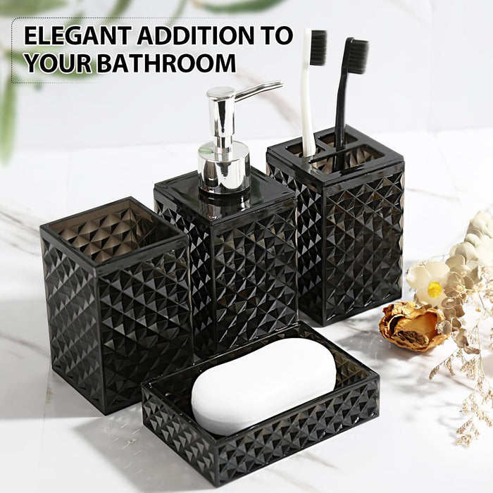 Black Bathroom Accessories Set, 4 Pack Matte Black Bath Accessory Sets Complete, Acrylic Soap Dispenser and Toothbrush Holder Set for Bathroom Counter Sink, Modern Bathroom Decor