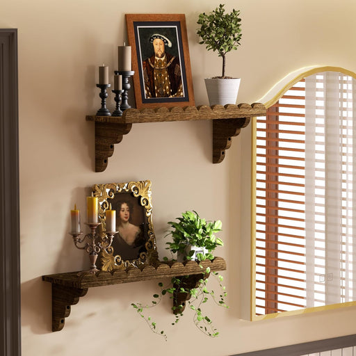 Scalloped Wood Wall Shelf – 17 Inch Floating Shelf with Wood Brackets, Easy to Install Rustic Wall Shelf for Living Room