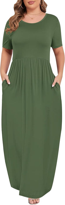 Women Plus Size Maxi Dress Short Sleeve Round Neck Loose Fit A-Line