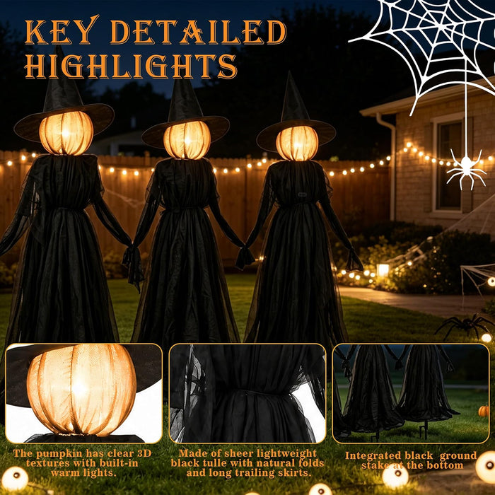 Halloween Witches Decorations Outdoor, 5 FT Set of 3 Light Up Holding Hands Witches with Stakes and Timer Function, Glow