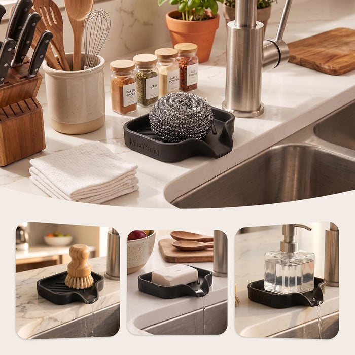 Silicone Soap Dish with Drain Spout, Self-Draining Sink Organizer Tray for Bathroom and Kitchen, Sponges, Dispensers and