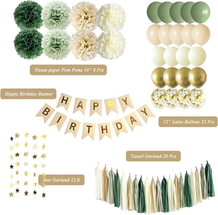 Sage Green Happy Birthday Party Decorations Retro Green Nude Ivory Dark Olive Kraft Paper Banner Balloons Neutral Rustic
