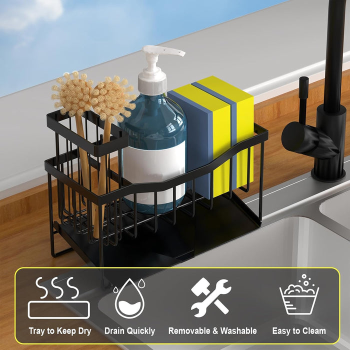 Maifan Sink Caddy Sponge Holder for Kitchen with Brush Holder and Stainless Steel Self Drain Tray, Rustproof Kitchen Sin