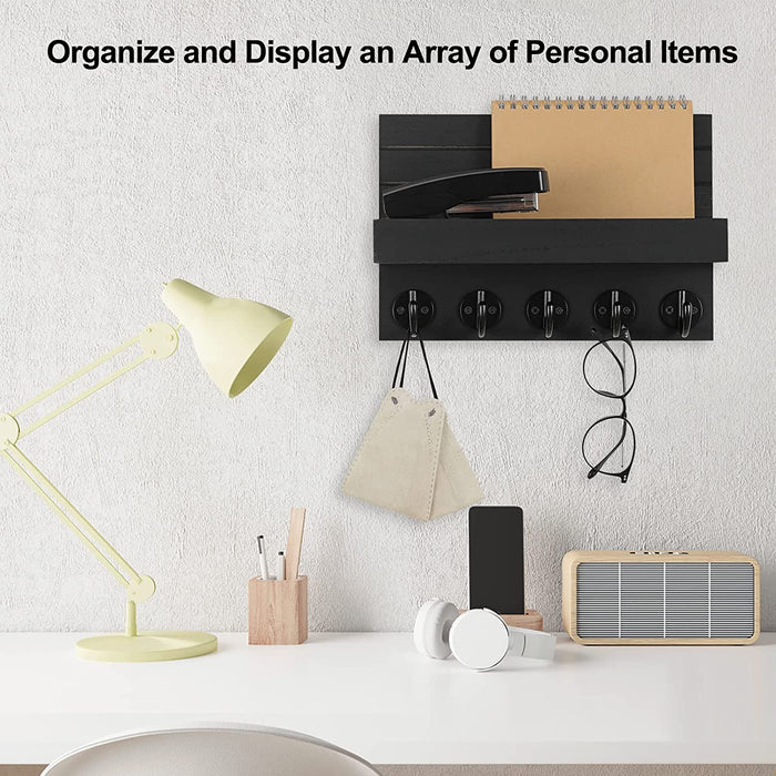 Key Holder for Wall, Decorative Key and Mail Holder with Shelf Has Large Hooks for Bags, Coats, Umbrella – Paulownia Woo