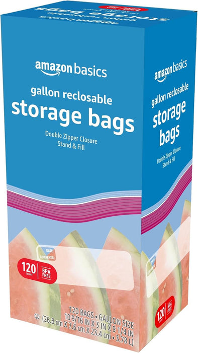 Reclosable Gallon Food Storage Bags with Double Zipper Seal, Stand and Fill Base, BPA Free, 120 Count