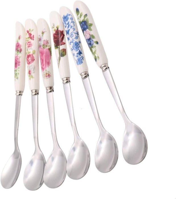 6 Pack Stainless Steel Coffee Spoon Ceramic Handle Teaspoon Sugar Ice Cream Desert Spoon Stirring Soup Tableware