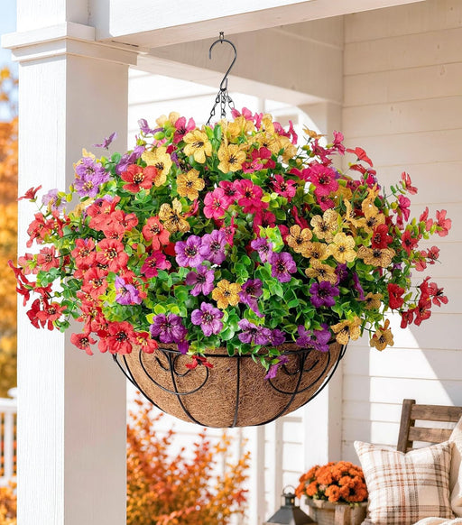 Artificial Faux Hanging Plants Flowers Basket for Summer Outdoor Outside Decoration, Fake Silk UV Sun Resistant Look Rea