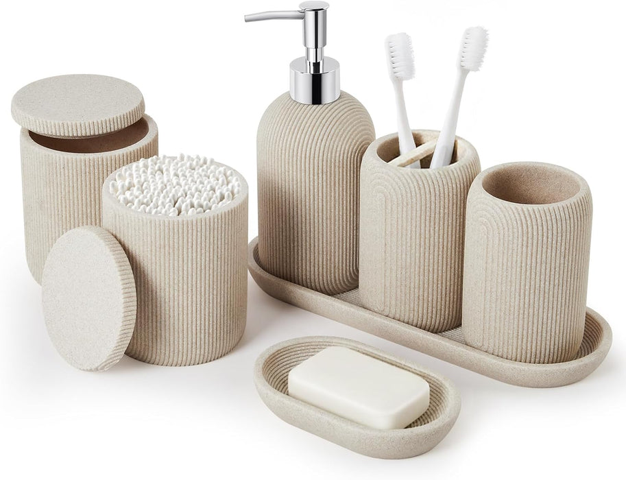 Bathroom Accessories Set - 7-Piece Resin Bathroom Set, Toothbrush Holders for Bathrooms, Soap Dispenser, Qtip Holder Dispenser, Tumbler, Soap Dish & Tray（Beige