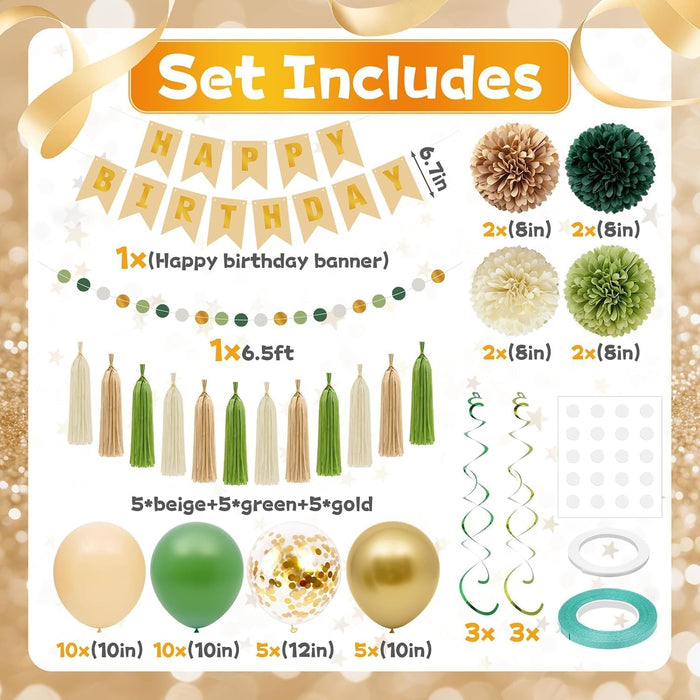 Sage Green Happy Birthday Party Decorations,Happy Birthday Banner, Quality Waterproof Boho Confetti Balloons Curtain Hanging Swirls Ease assembly Decor Green Balloons,Party Decorations
