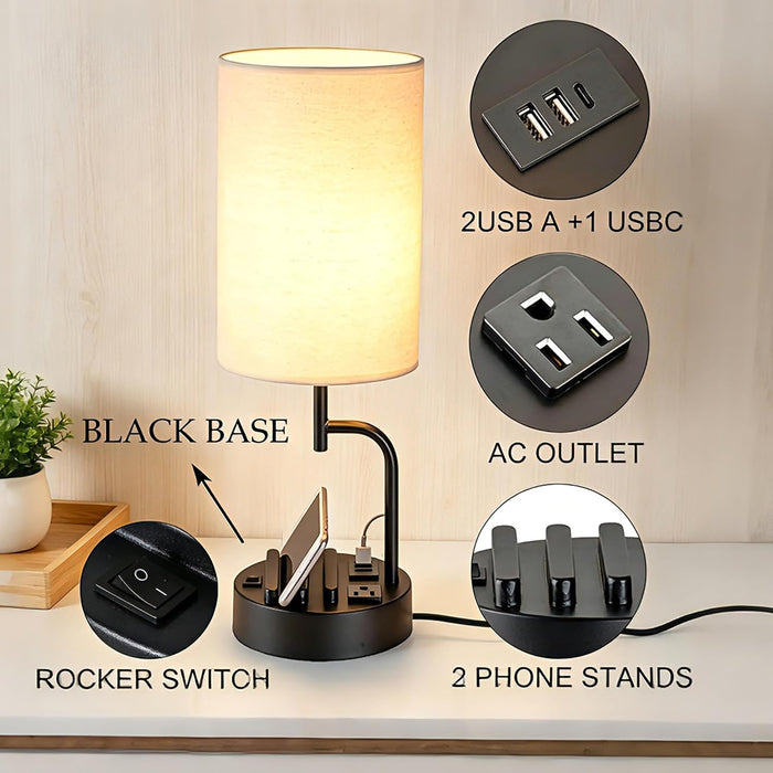 2 Pack Table Lamp, Bedside Lamp with 3 USB Charging Ports & AC Outlet, USB Desk Lamp with 2 Phone Holders, Linen Fabric 