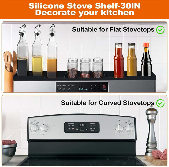 Stove Top Shelf 30 Inch - Silicone Material Magnetic Shelf for Stove - 3 Functional Partitions Kitchen Spice Rack Organizer-Black,Kitchen Gadgets Storage Organization