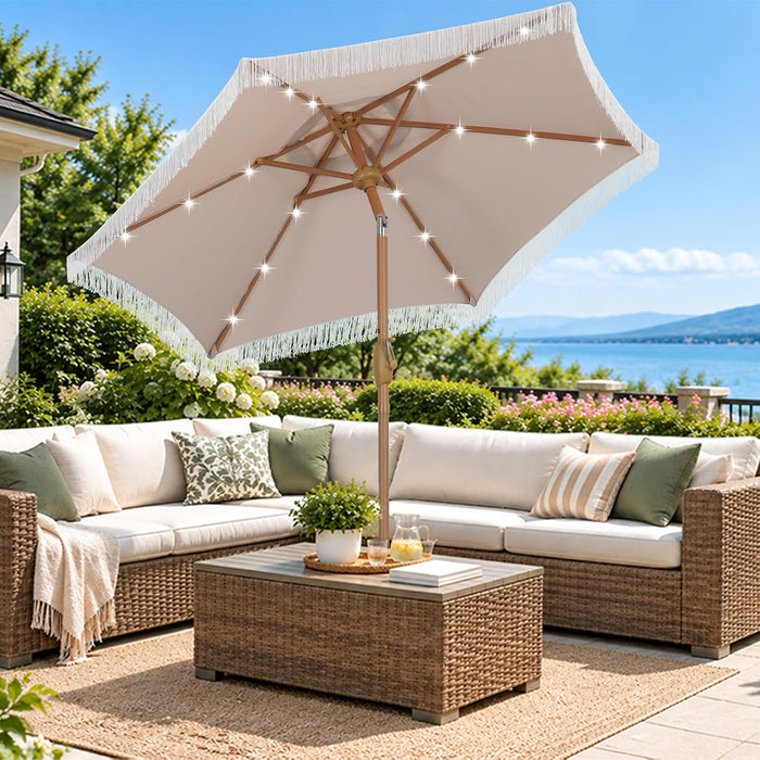 7.5FT Fringe Patio Outdoor Umbrella with LED Solar Lights