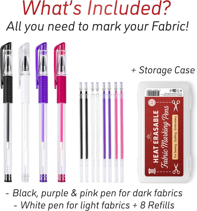 4x Heat Erasable Fabric Marking Pens for Sewing - 4 Pens + 8 Refills - Sewing Supplies Quilting Supplies Table Accessori